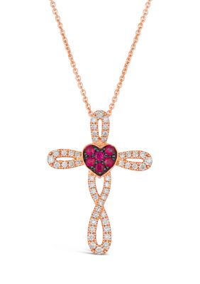 1/6 ct. t.w. Passion Ruby™, 1/3 ct. t.w. Nude Diamonds™ Cross Pendant Necklace in 14K Strawberry Gold®