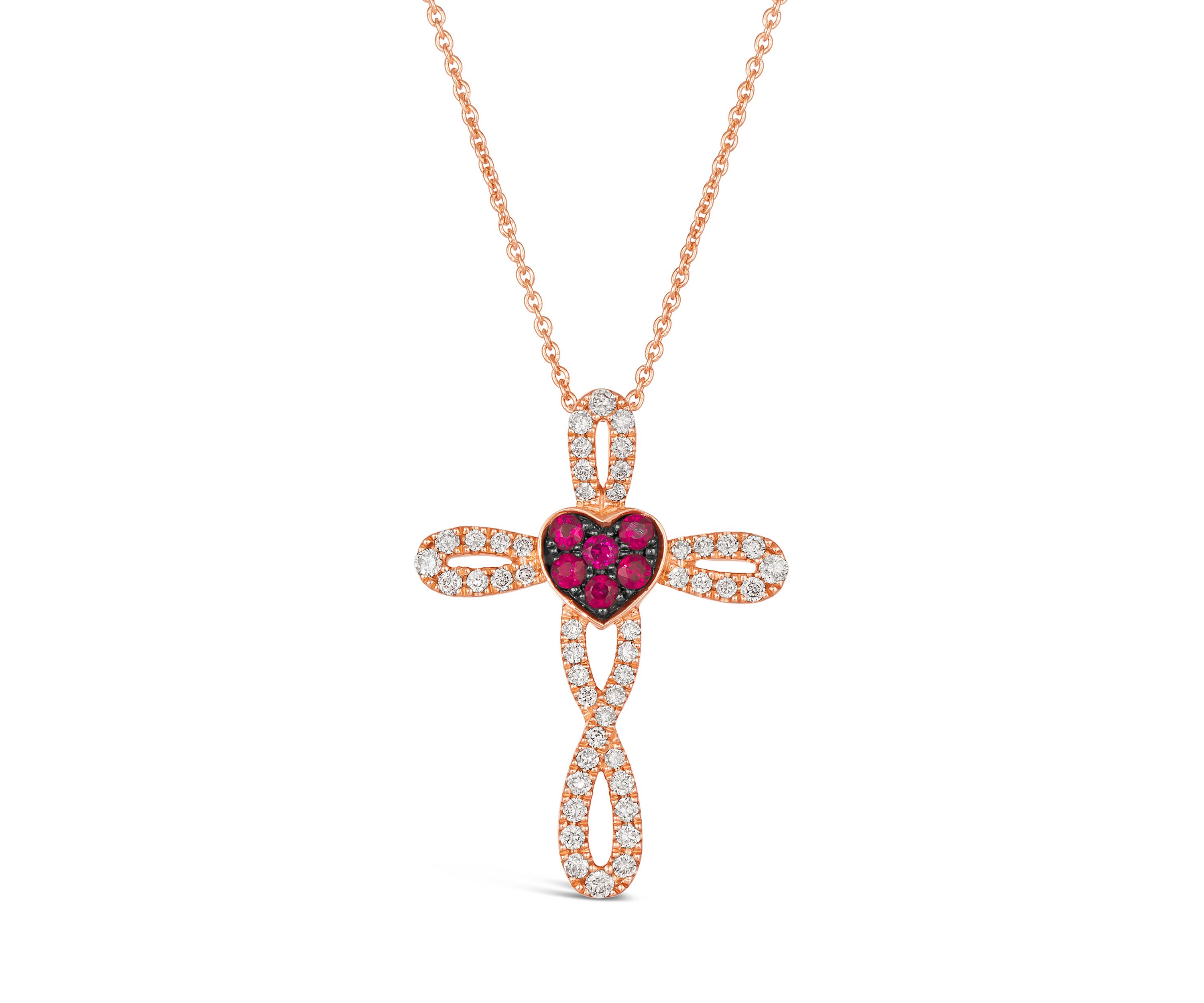 1/6 ct. t.w. Passion Ruby™, 1/3 ct. t.w. Nude Diamonds™ Cross Pendant Necklace in 14K Strawberry Gold®