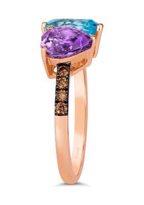 2 ct. t.w. Blue Topaz, 1.13 ct. t.w. Grape Amethyst™, 1/5 ct. t.w. Chocolate Diamonds® Ring in 14K Strawberry Gold®