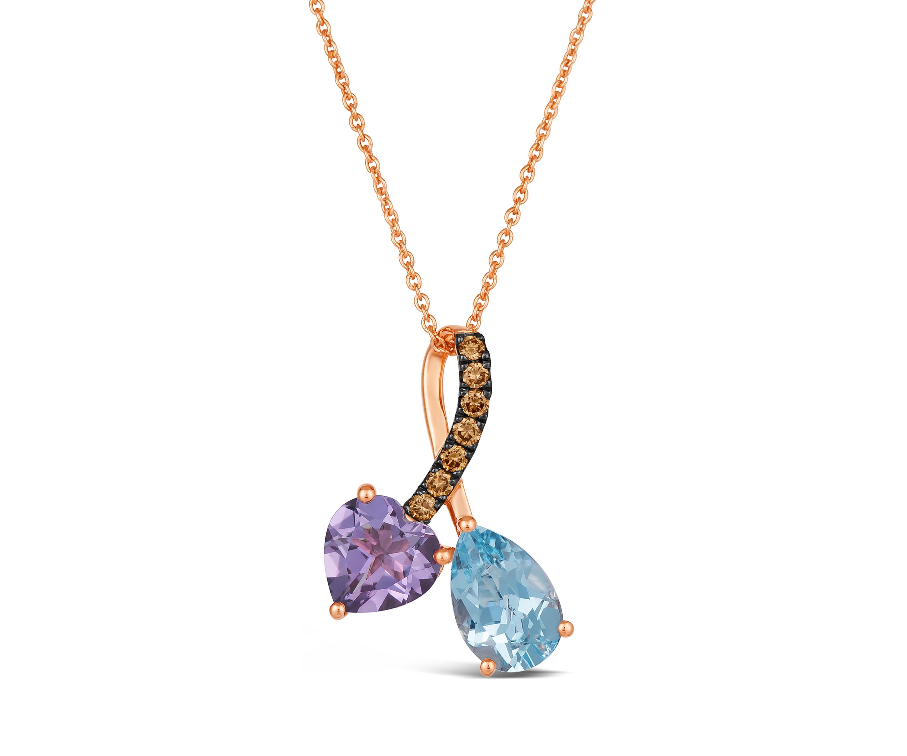1.33 ct. t.w. Blue Topaz, 7/8 ct. t.w. Grape Amethyst™, 1/8 ct. t.w. Chocolate Diamonds® Pendant Necklace in 14K Strawberry Gold®