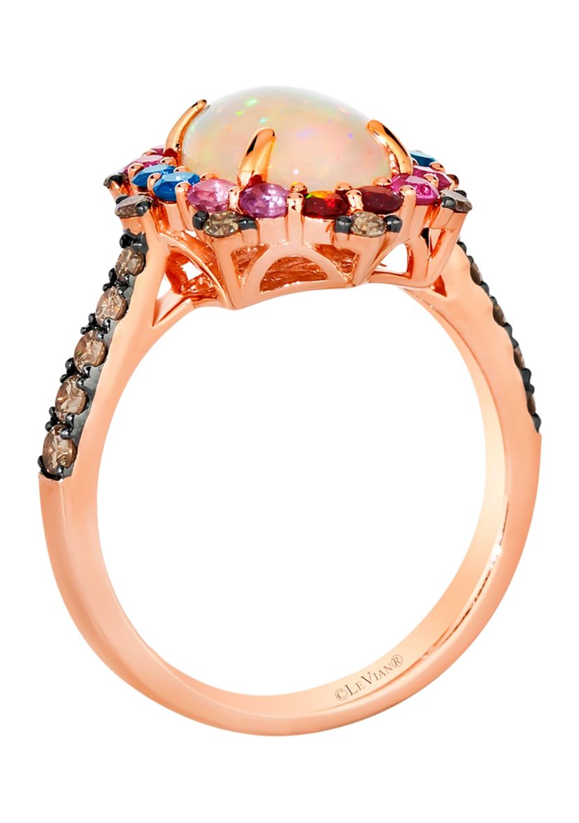 1.2 ct. t.w. Neopolitan Opal™, 1/5 ct. t.w. Bubble Gum Pink Sapphire™, 1/5 ct. t.w. Blueberry Sapphire™, 1/6 ct. t.w. Pomegranate Garnet™, 1/8 ct. t.w. Grape Amethyst™, 3/8 ct. t.w. Chocolate Diamonds® Chocolatier® Ring in 14K Strawberry Gold®