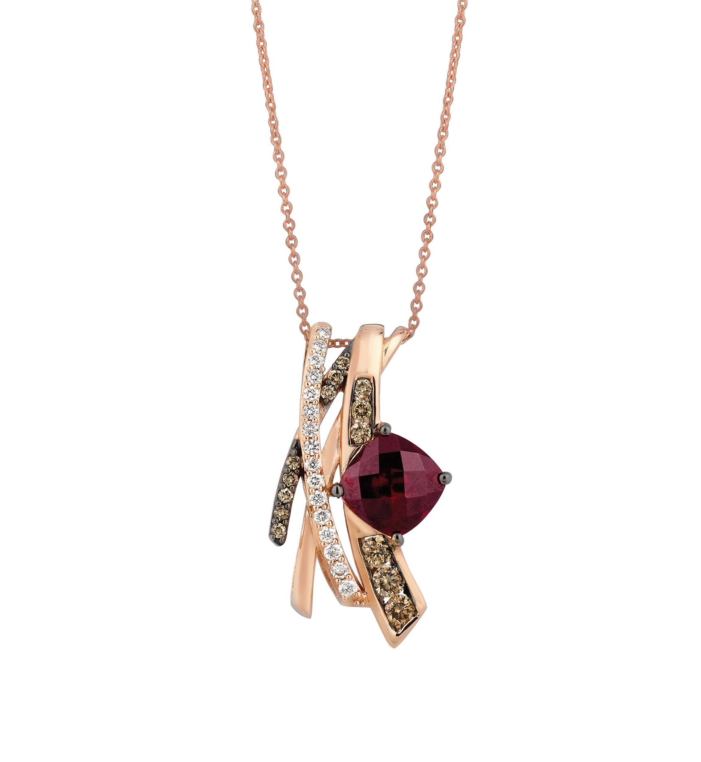2/5 ct. t.w. Chocolate Diamonds®, 1/5 ct. t.w Vanilla Diamonds™ and 2.75 ct. t.w. Raspberry Rhodolite™ Pendant Necklace in 14k Strawberry Gold®