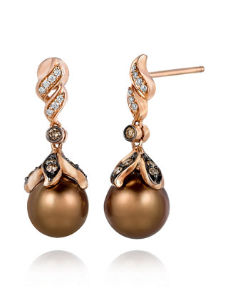 Chocolate Pearls®, 1/5 ct. t.w. Chocolate Diamonds®, and 1/10 ct. t.w.  Vanilla Diamonds® Earrings in 14K Strawberry Gold®.