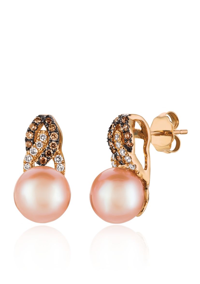 Strawberry Pearls® with Vanilla Diamonds®, and Chocolate Diamonds® Earrings in 14k Strawberry Gold®