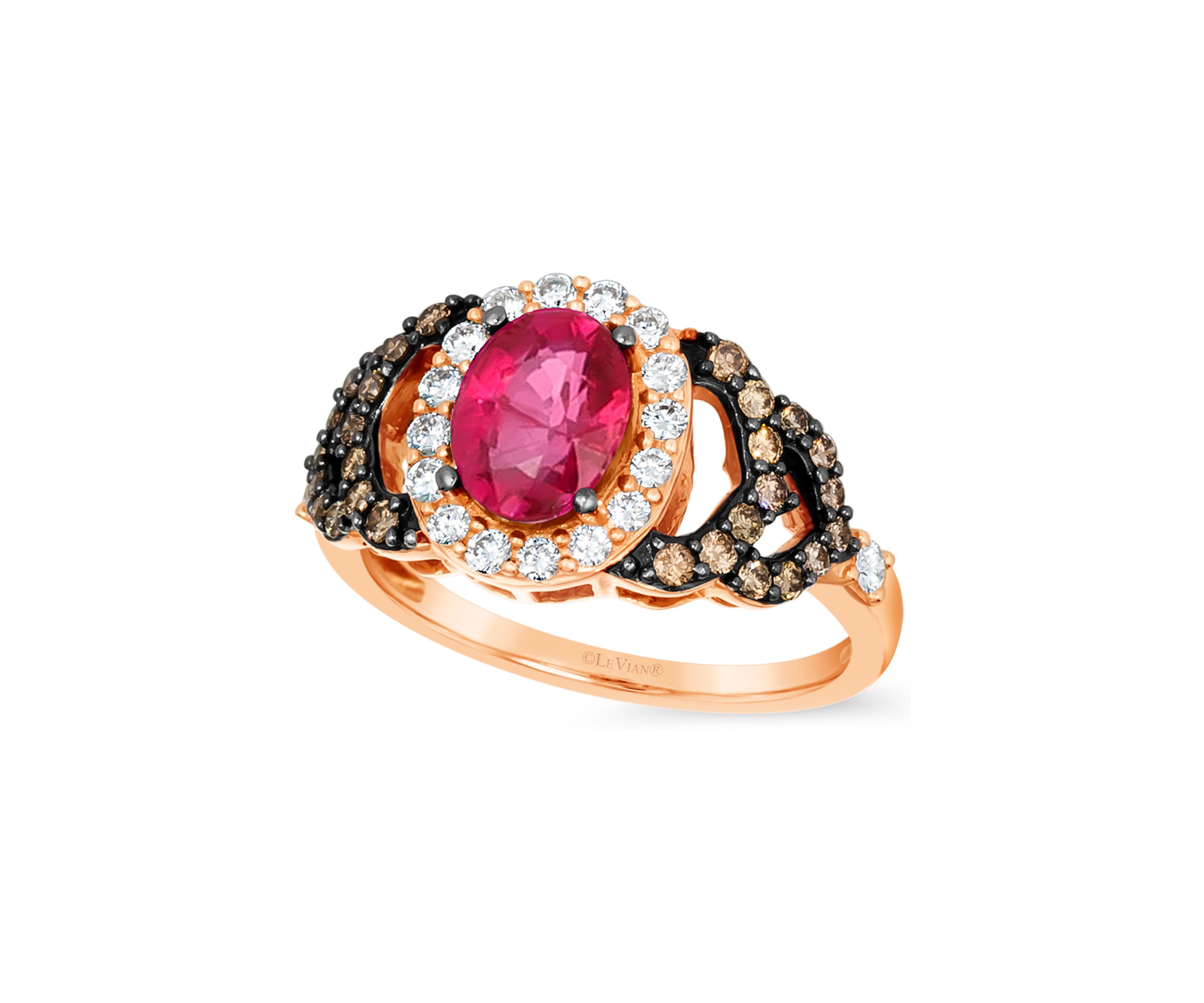 1/3 ct. t.w. Chocolate Diamond®, 1/3 ct. t.w. Vanilla Diamond®, and 1.1 ct. t.w. Ruby Ring in 14K Strawberry Gold®