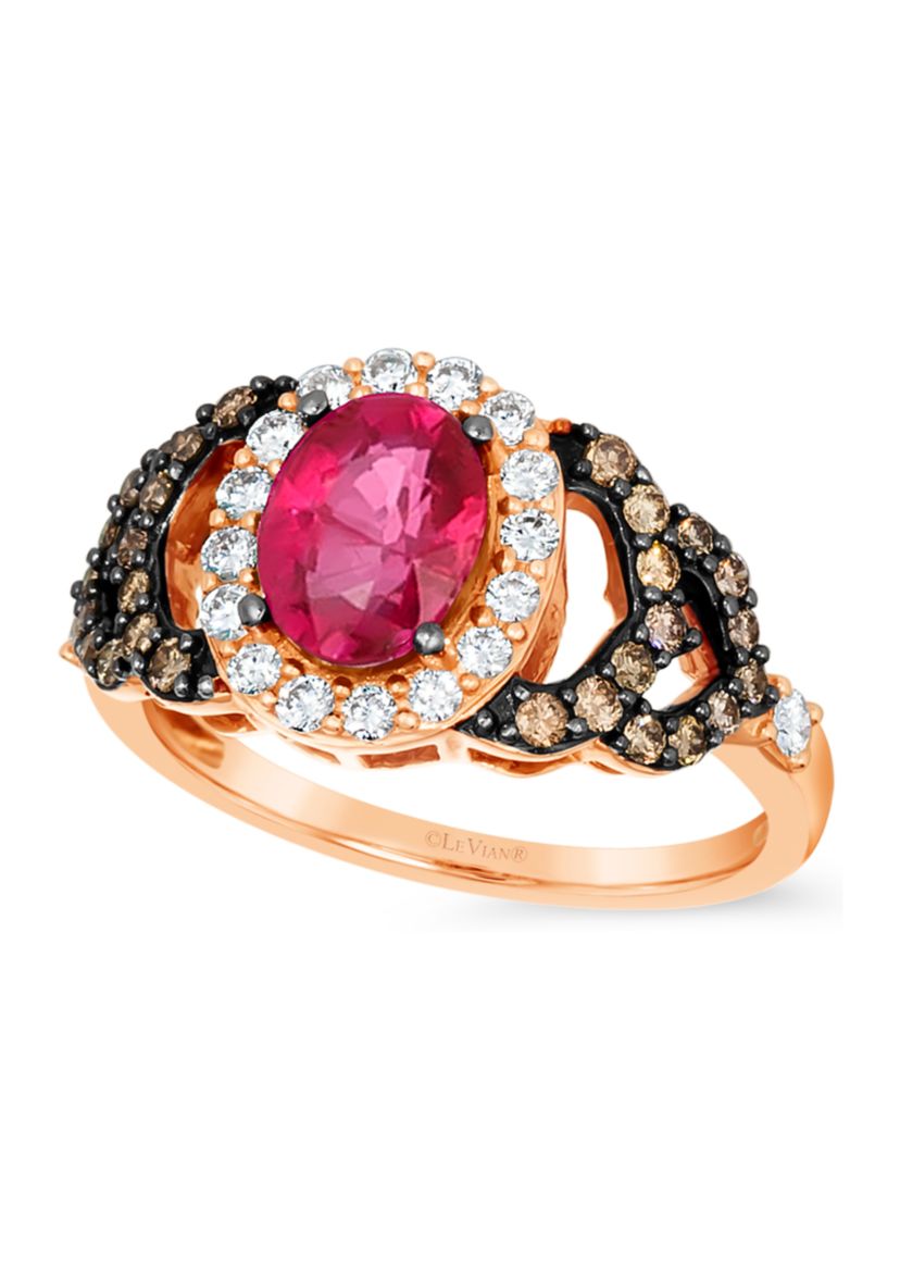 1/3 ct. t.w. Chocolate Diamond®, 1/3 ct. t.w. Vanilla Diamond®, and 1.1 ct. t.w. Ruby Ring in 14K Strawberry Gold®