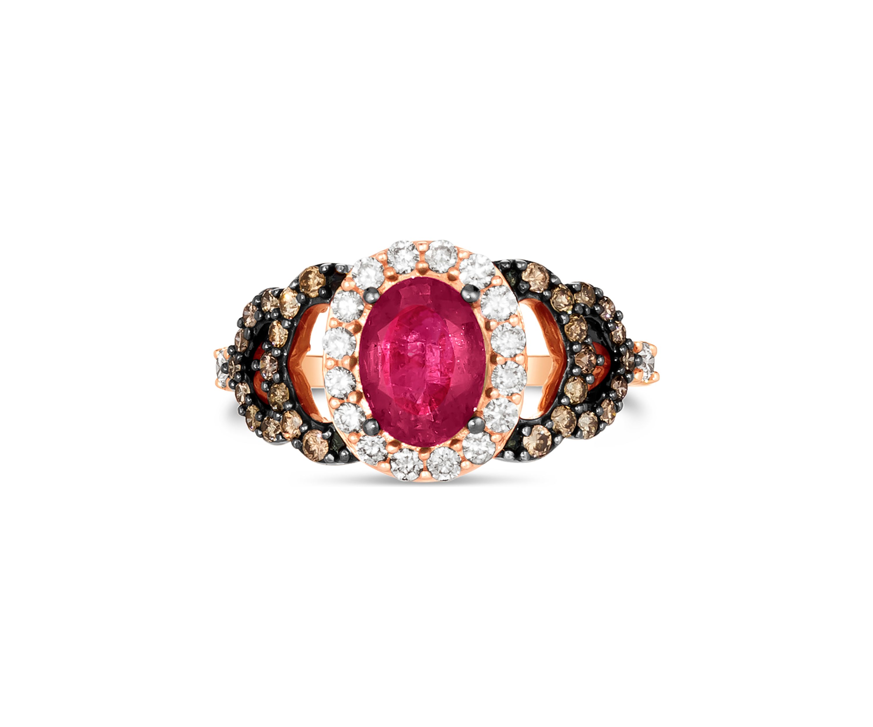 1/3 ct. t.w. Chocolate Diamond®, 1/3 ct. t.w. Vanilla Diamond®, and 1.1 ct. t.w. Ruby Ring in 14K Strawberry Gold®