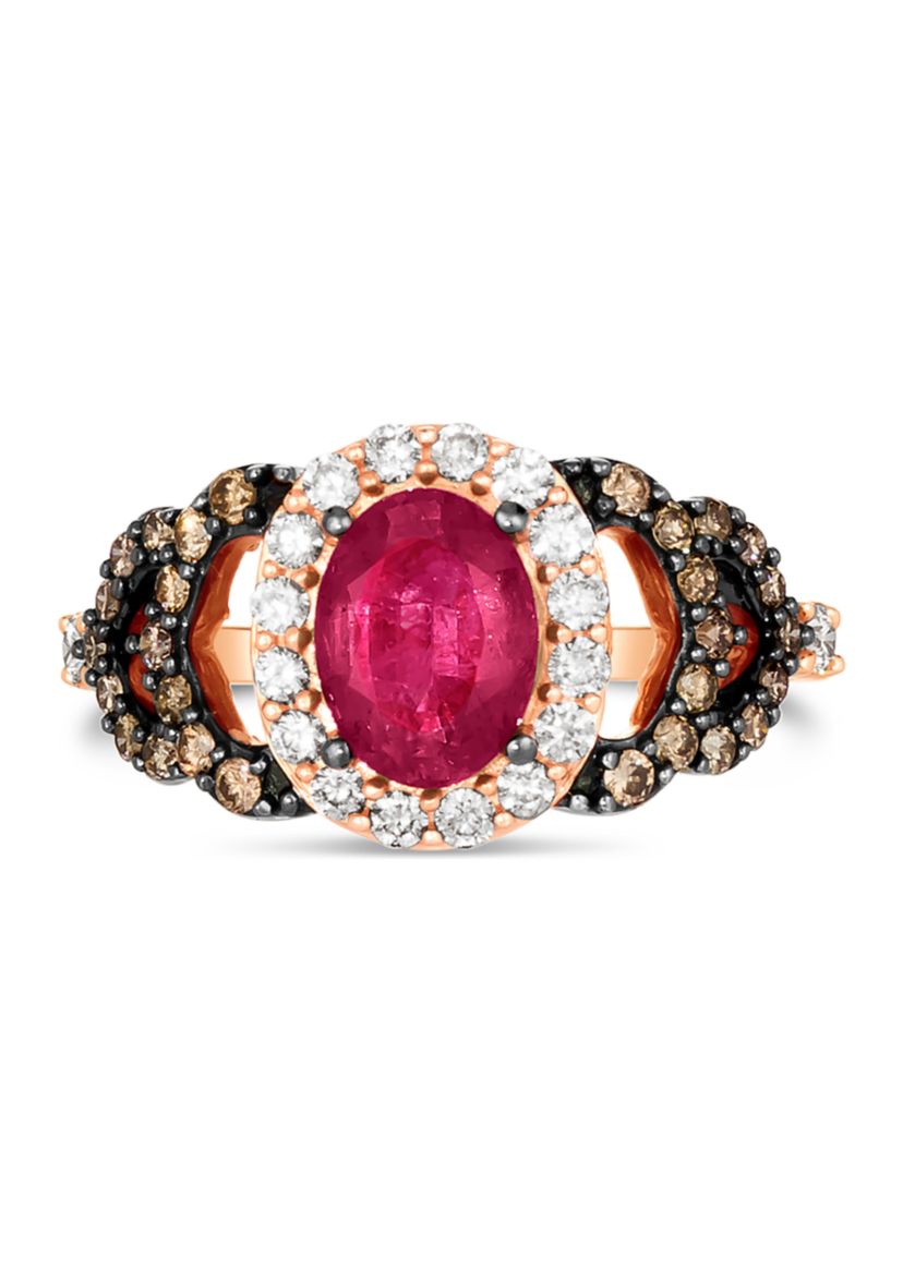 1/3 ct. t.w. Chocolate Diamond®, 1/3 ct. t.w. Vanilla Diamond®, and 1.1 ct. t.w. Ruby Ring in 14K Strawberry Gold®