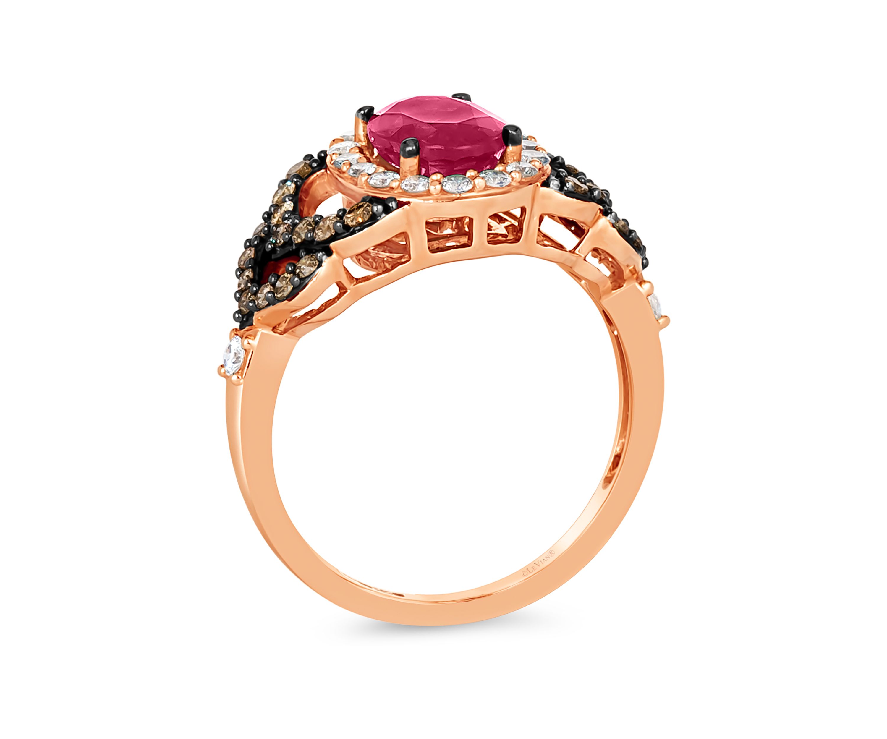 1/3 ct. t.w. Chocolate Diamond®, 1/3 ct. t.w. Vanilla Diamond®, and 1.1 ct. t.w. Ruby Ring in 14K Strawberry Gold®