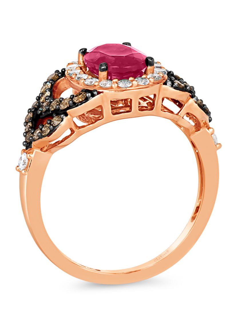 1/3 ct. t.w. Chocolate Diamond®, 1/3 ct. t.w. Vanilla Diamond®, and 1.1 ct. t.w. Ruby Ring in 14K Strawberry Gold®