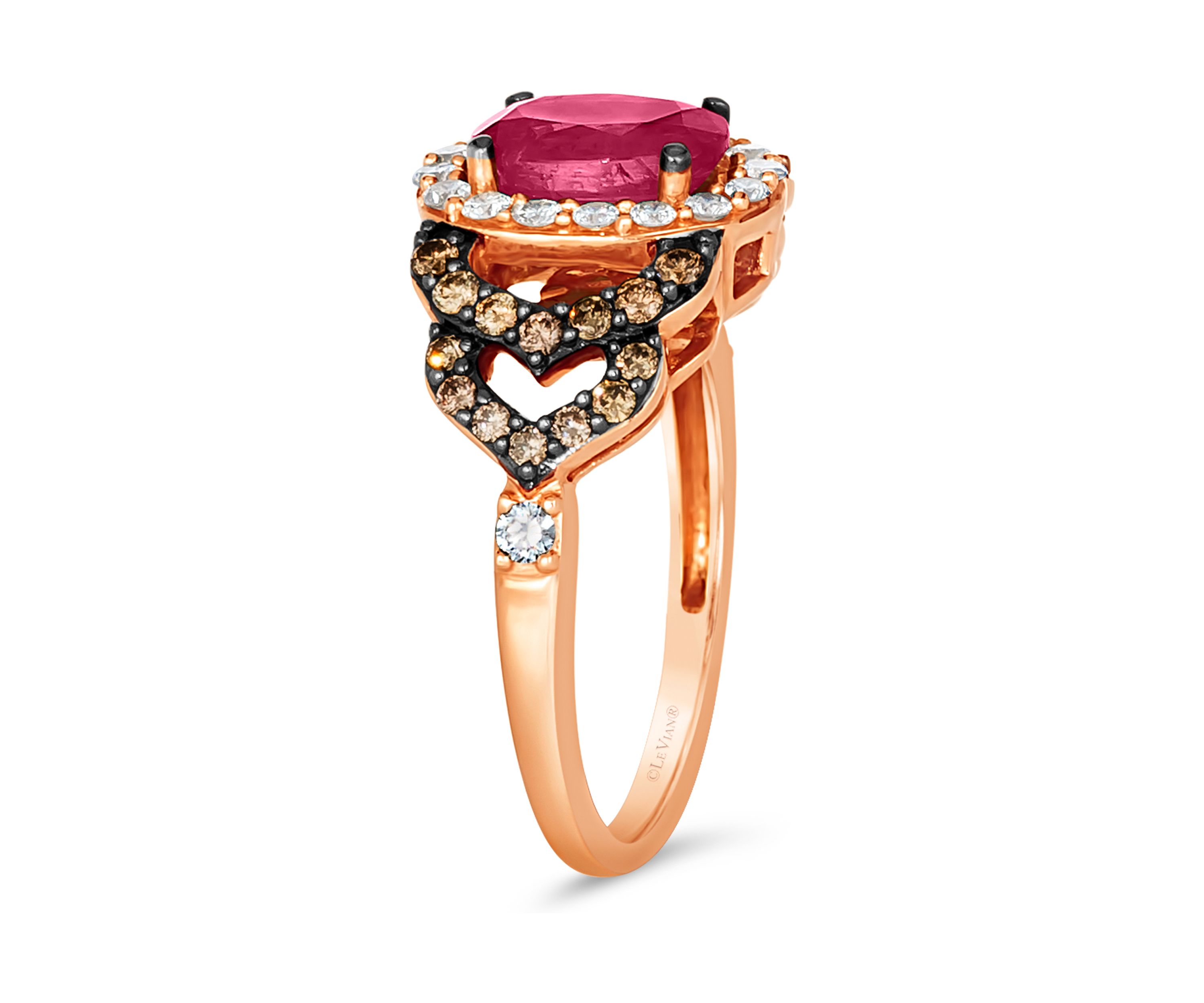 1/3 ct. t.w. Chocolate Diamond®, 1/3 ct. t.w. Vanilla Diamond®, and 1.1 ct. t.w. Ruby Ring in 14K Strawberry Gold®