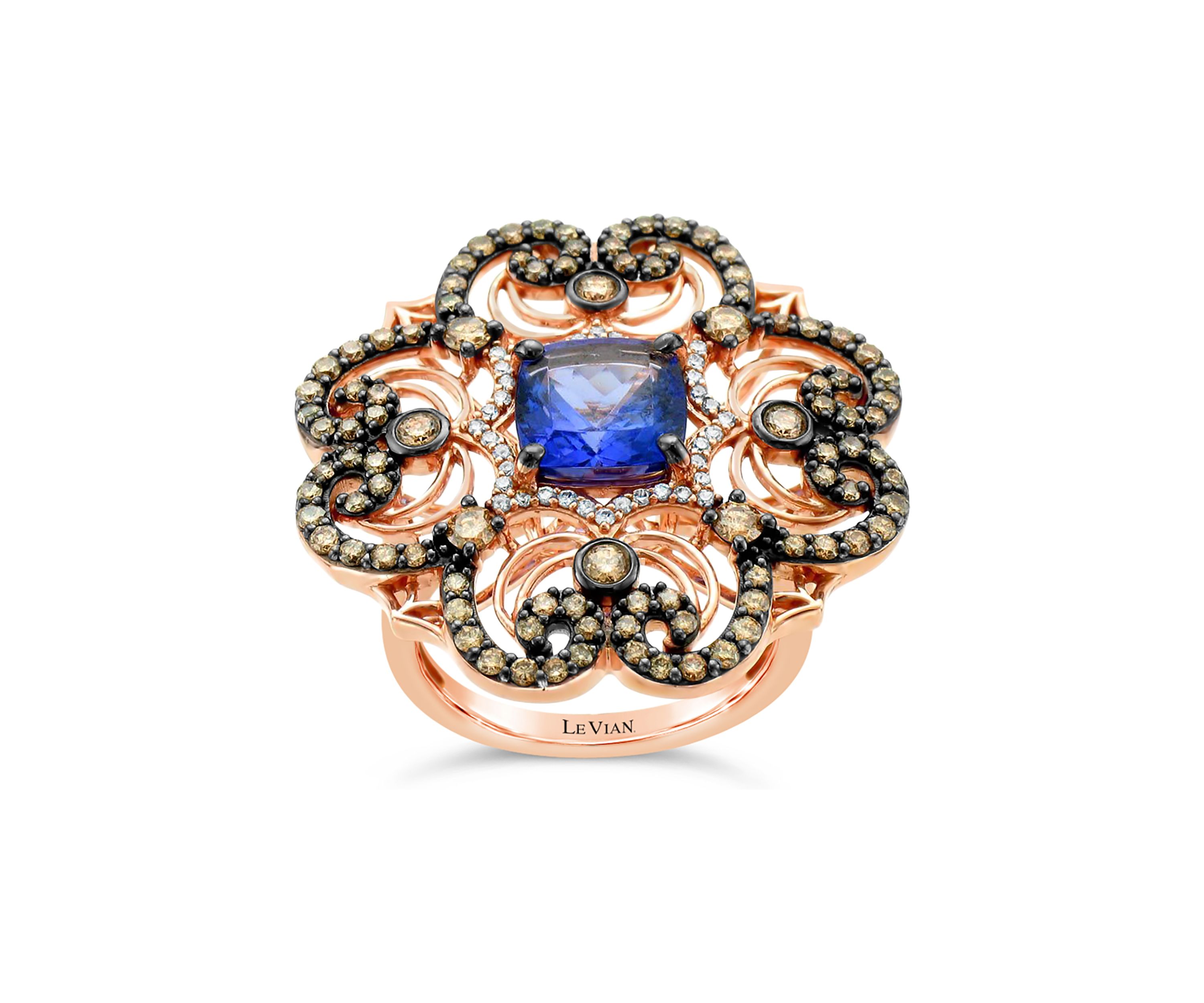 Chocolatier® Ring featuring 2 ct. t.w. Blueberry Tanzanite®, 1.16 ct. t.w. Chocolate Diamonds®, 1/6 ct. t.w. Vanilla Diamonds® in 14K Strawberry Gold®