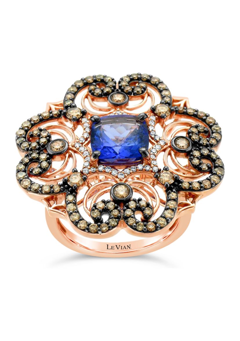 Chocolatier® Ring featuring 2 ct. t.w. Blueberry Tanzanite®, 1.16 ct. t.w. Chocolate Diamonds®, 1/6 ct. t.w. Vanilla Diamonds® in 14K Strawberry Gold®
