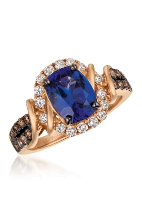 Blueberry Tanzanite and Chocolate & Vanilla Diamonds Ring in 14k Strawberry Gold