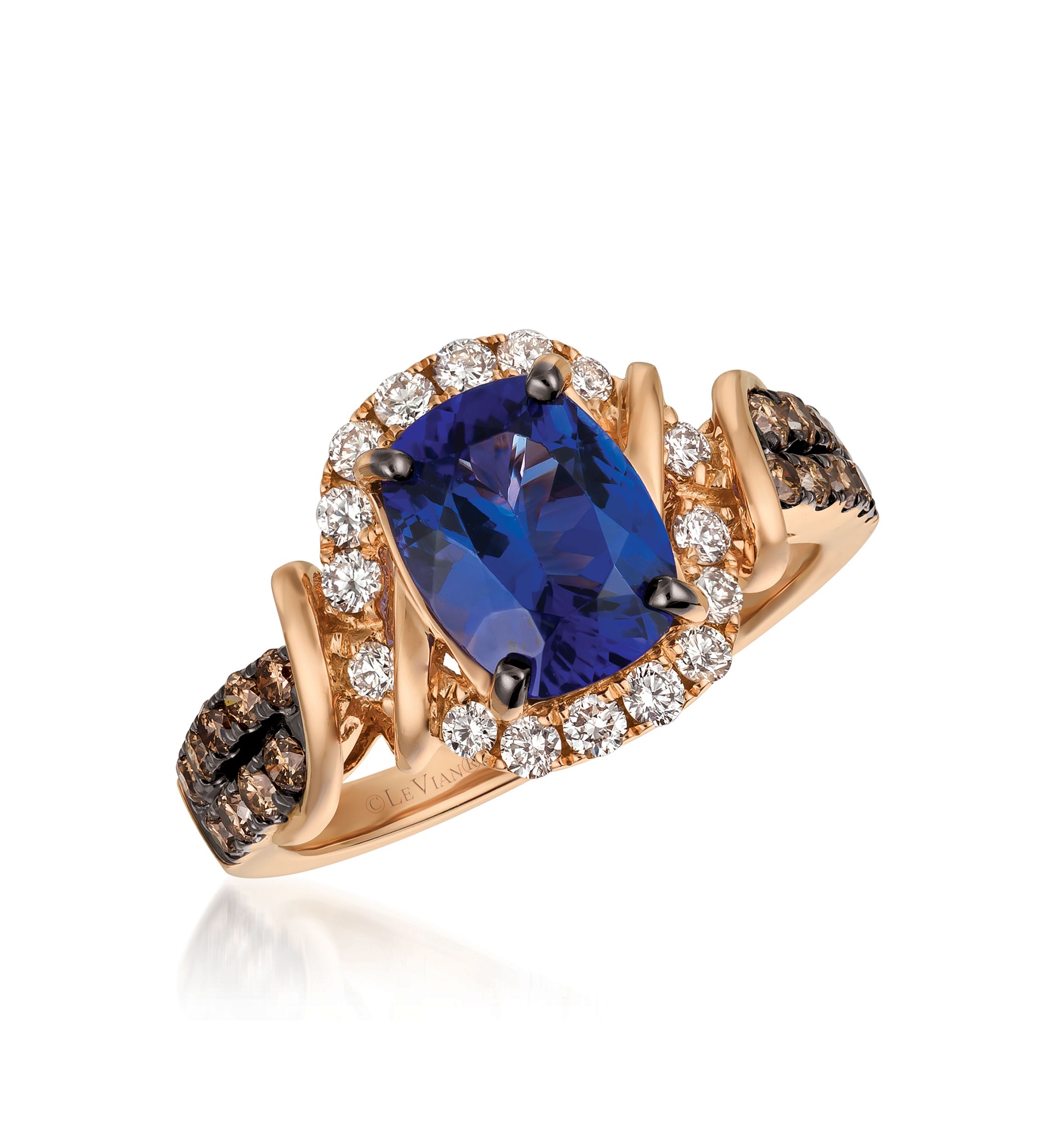 Blueberry Tanzanite and Chocolate & Vanilla Diamonds Ring in 14k Strawberry Gold
