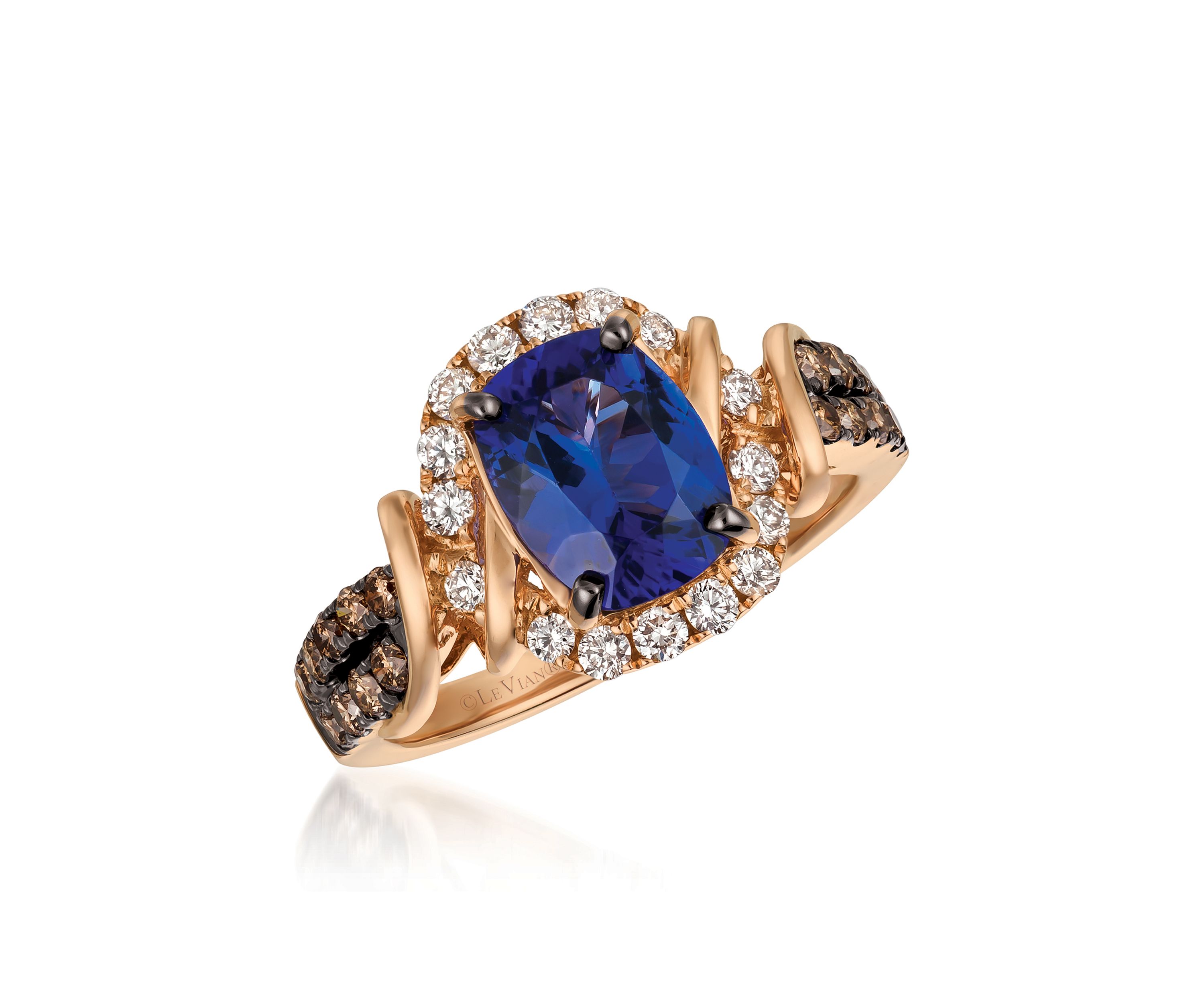 Blueberry Tanzanite and Chocolate & Vanilla Diamonds Ring in 14k Strawberry Gold