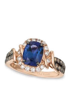 Blueberry Tanzanite and Chocolate & Vanilla Diamonds Ring in 14k Strawberry Gold