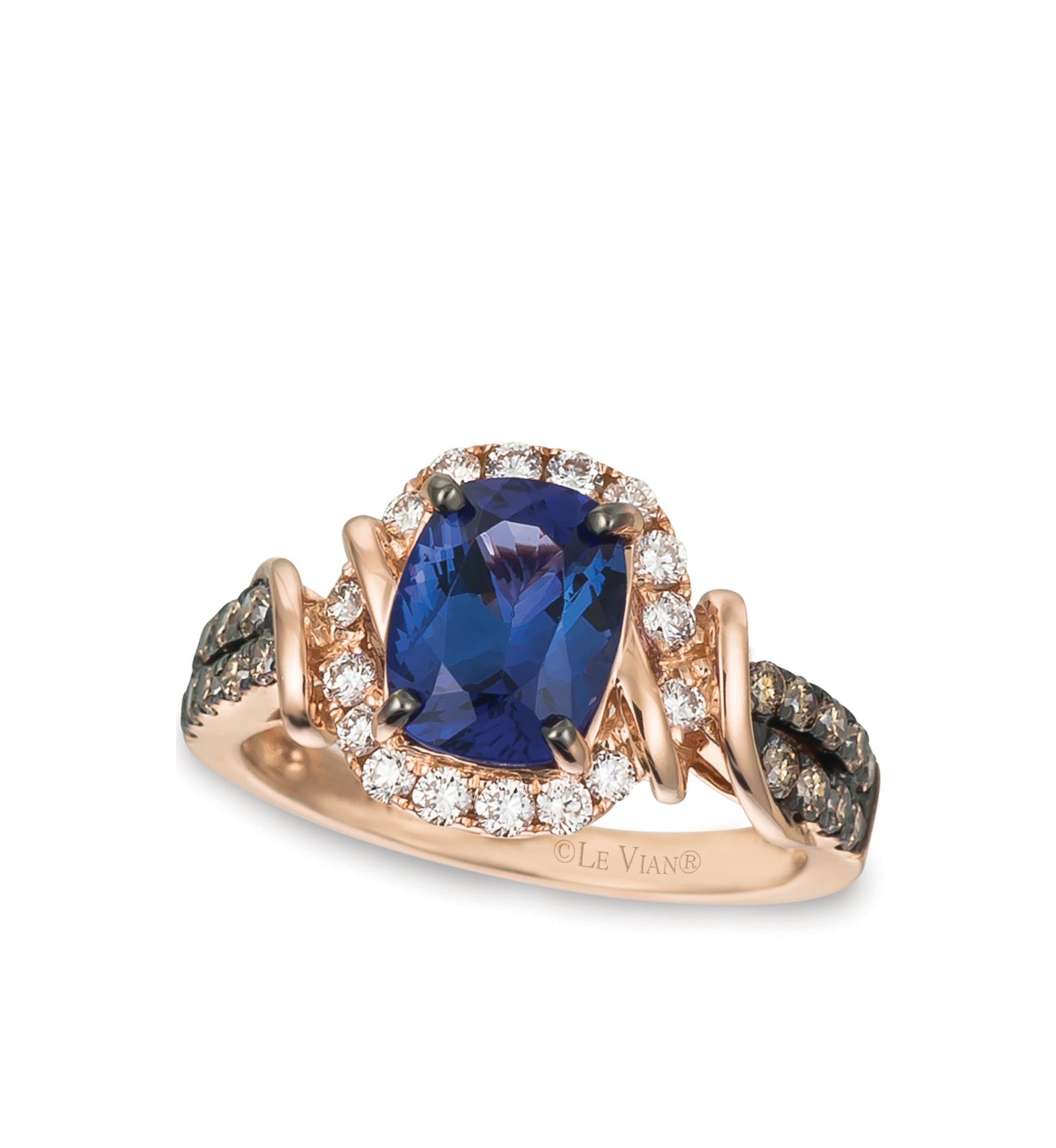 Blueberry Tanzanite and Chocolate & Vanilla Diamonds Ring in 14k Strawberry Gold