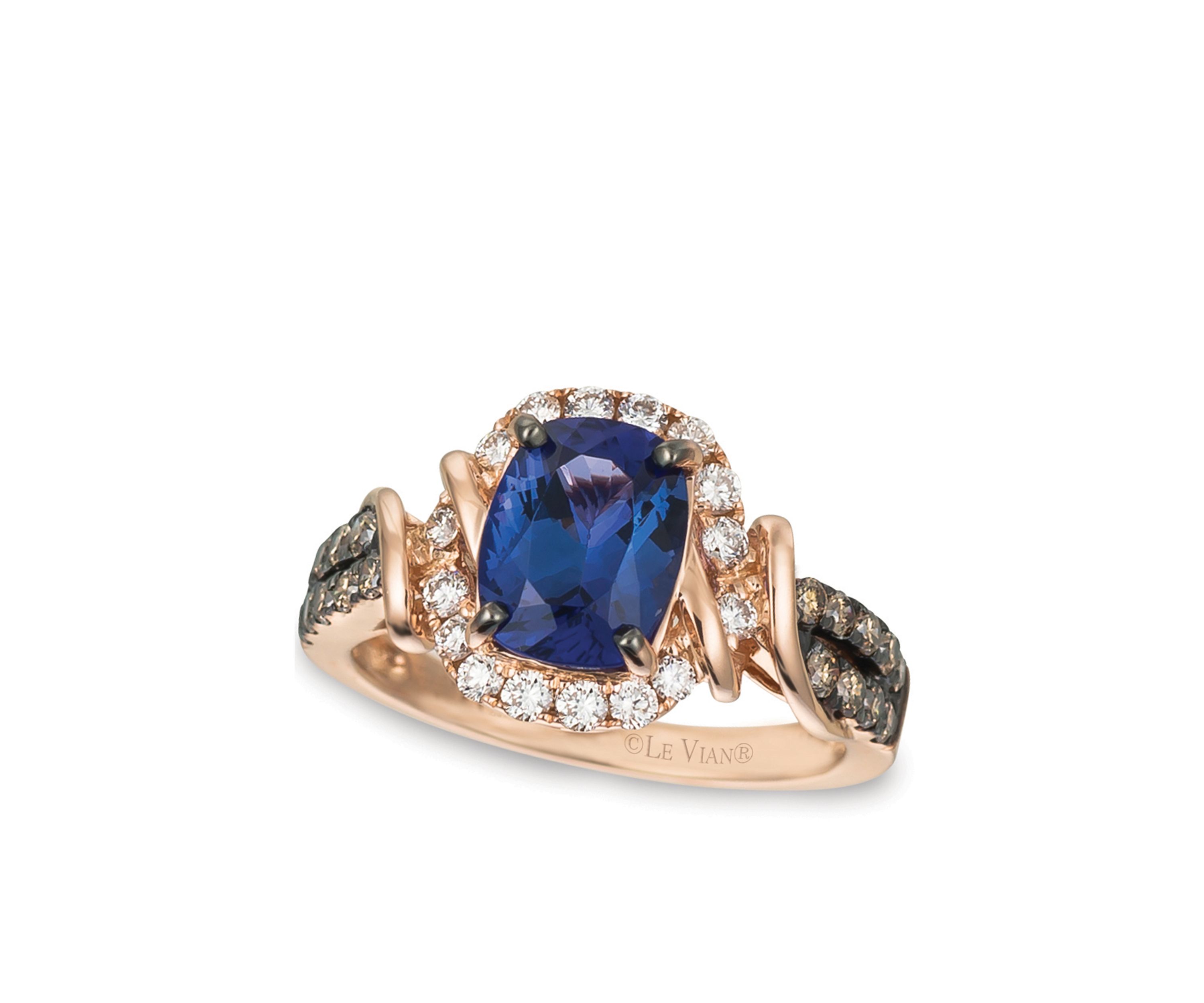 Blueberry Tanzanite and Chocolate & Vanilla Diamonds Ring in 14k Strawberry Gold