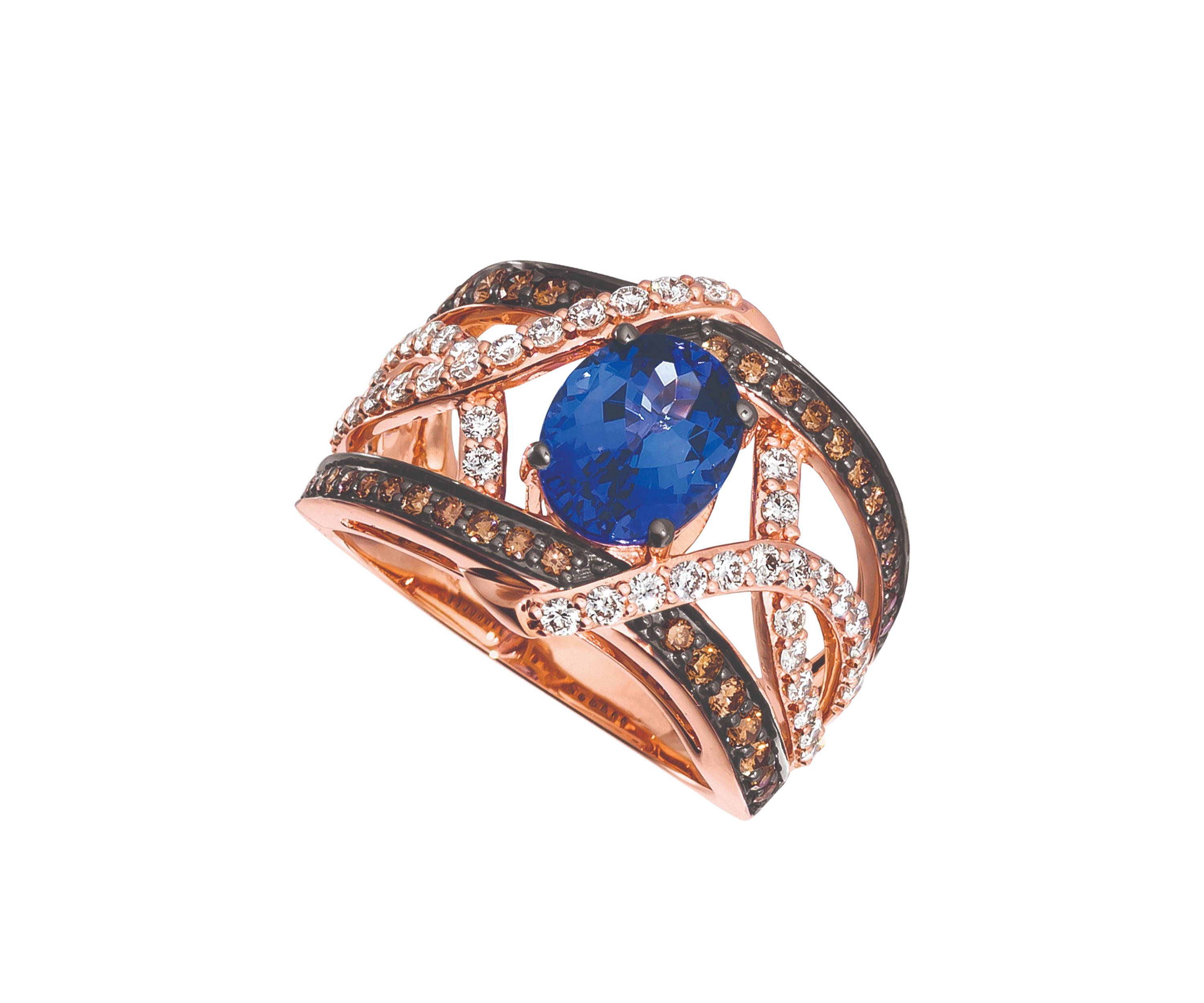 1.75 ct. t.w. Blueberry Tanzanite®, 3/8 ct. t.w. Chocolate Diamonds®, 1/2 ct. t.w. Vanilla Diamonds® Ring in 14K Strawberry Gold®