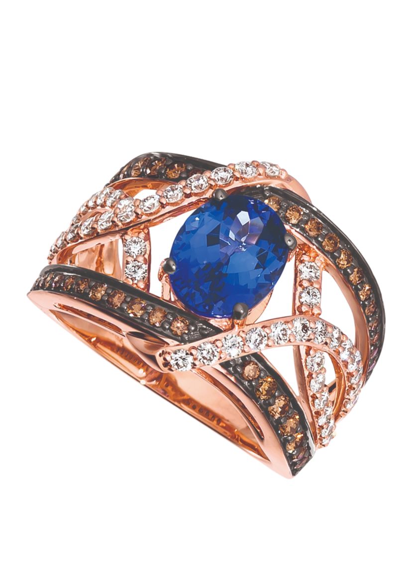 1.75 ct. t.w. Blueberry Tanzanite®, 3/8 ct. t.w. Chocolate Diamonds®, 1/2 ct. t.w. Vanilla Diamonds® Ring in 14K Strawberry Gold®