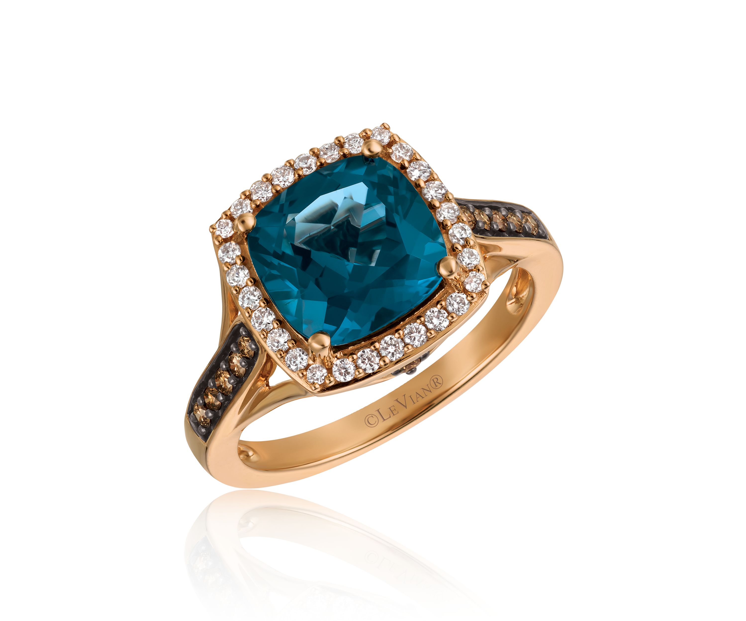 Deep Sea Blue Topaz™ with Vanilla Diamonds®, and Chocolate Diamonds® Ring in 14k Strawberry Gold®