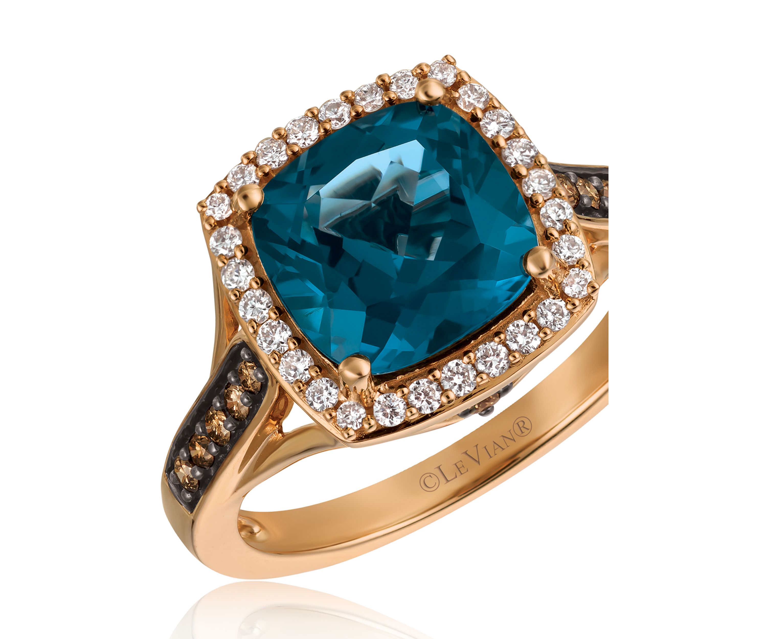 Deep Sea Blue Topaz™ with Vanilla Diamonds®, and Chocolate Diamonds® Ring in 14k Strawberry Gold®