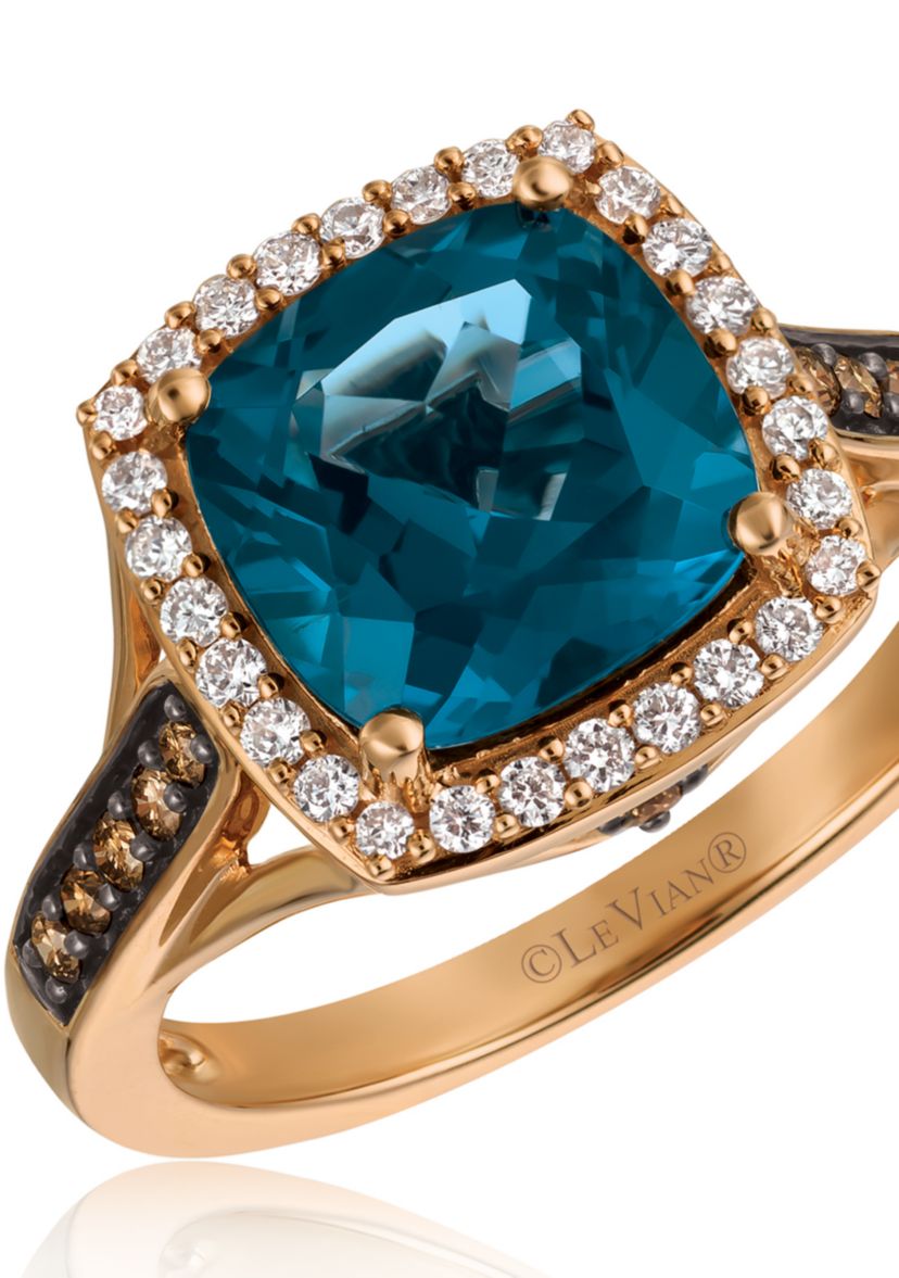 Deep Sea Blue Topaz™ with Vanilla Diamonds®, and Chocolate Diamonds® Ring in 14k Strawberry Gold®