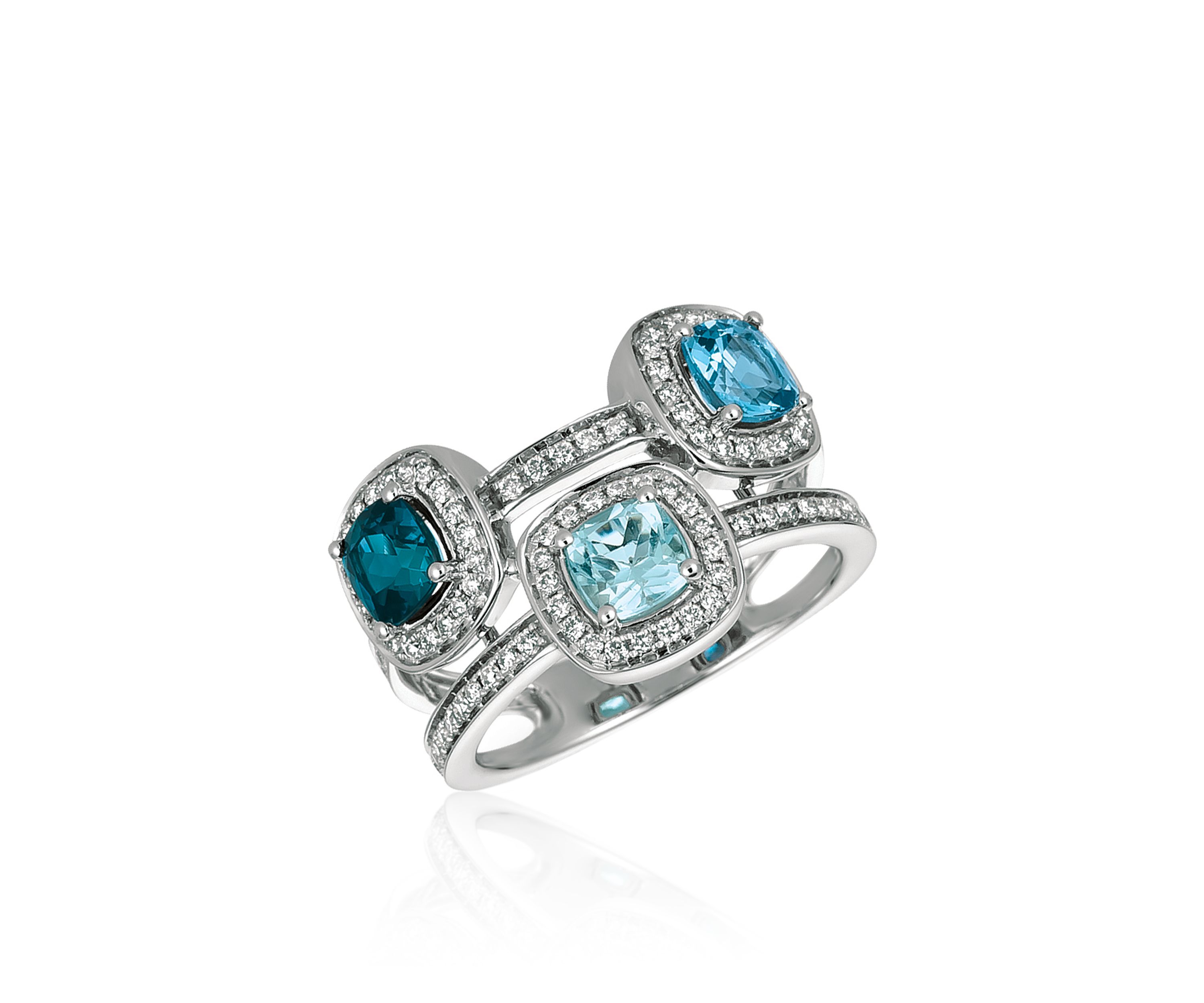Ocean Blue Topaz™ with Deep Sea Blue Topaz™, Sky Blue Topaz,™ and Vanilla Diamonds® Ring in 14k Vanilla Gold®