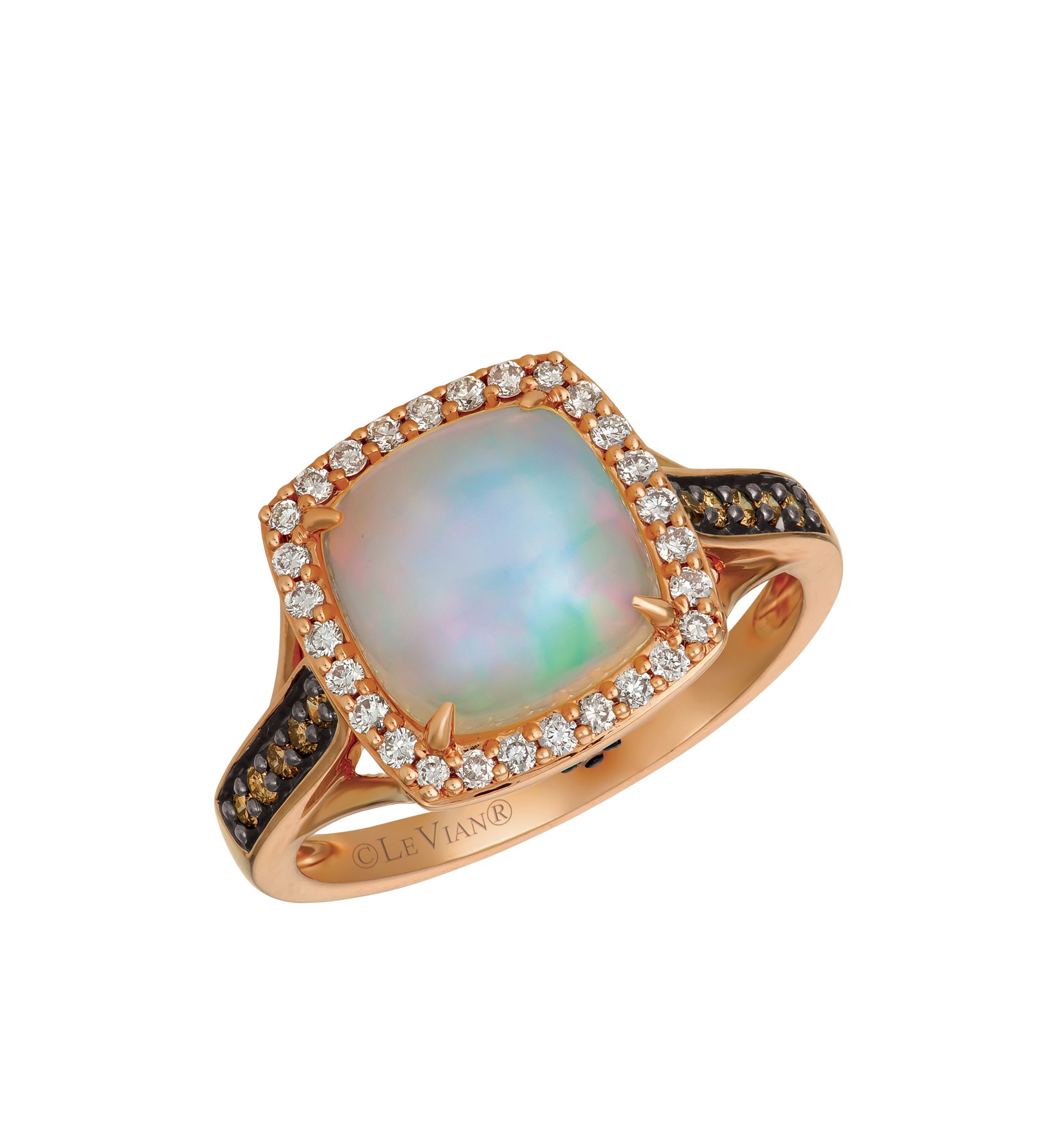 Neopolitan Opal and Chocolate & Vanilla Diamonds Ring in 14k Strawberry Gold