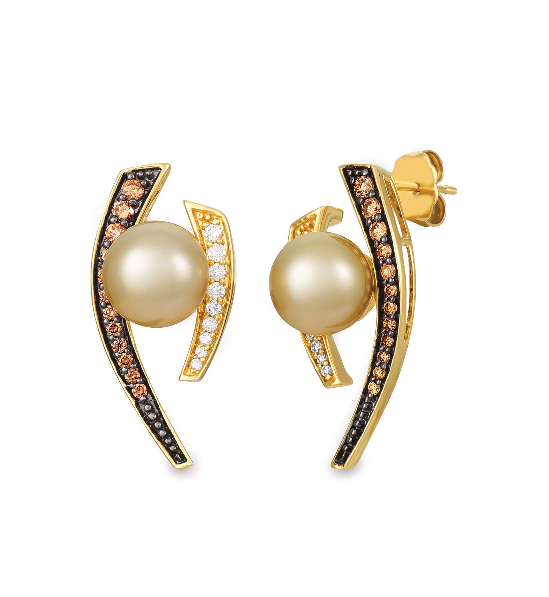  Chocolatier® Earrings featuring Golden South Sea Pearl, 1/3 ct. t.w. Chocolate Diamonds®, 1/8 ct. t.w. Vanilla Diamonds® set in 14K Honey Gold™