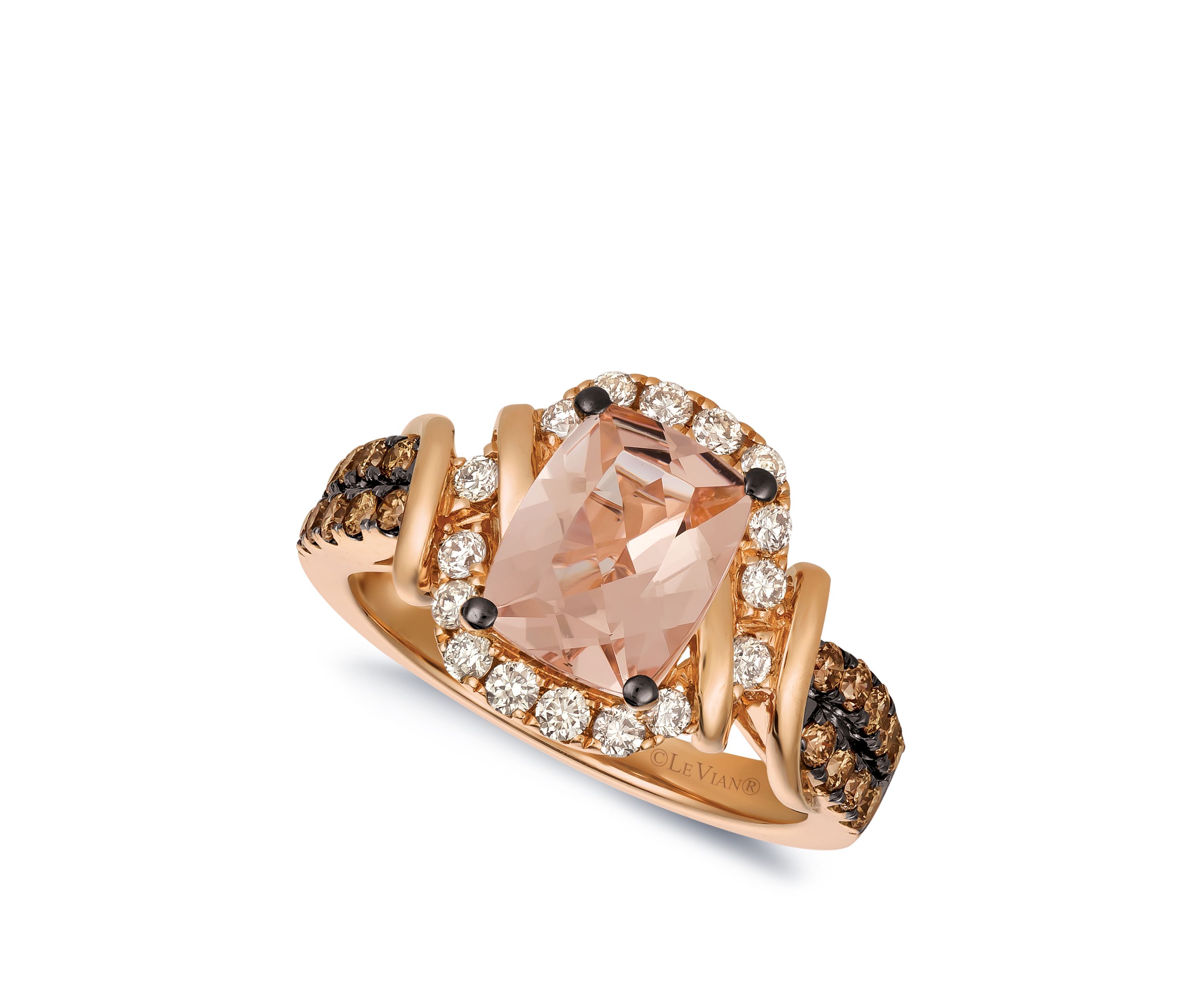 1 1/2 ct. t.w. Peach Morganite™, 1/3 ct. t.w. Vanilla Diamonds®, and 1/3 ct. t.w. Chocolate Diamonds® Ring in 14K Strawberry Gold® 