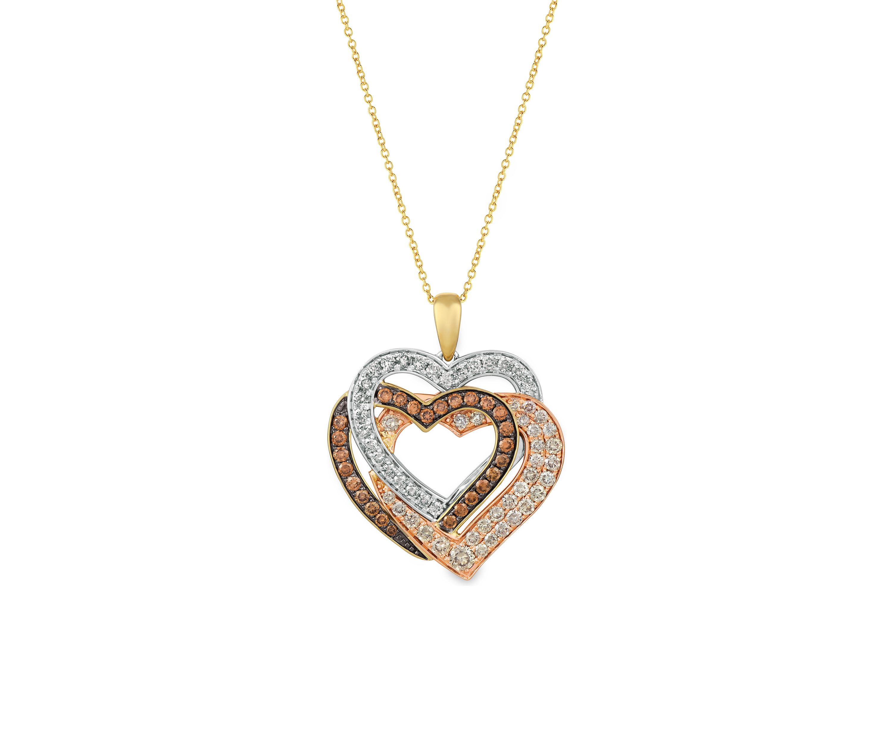 Creme Brulee® 5/8 ct. t.w. Chocolate Diamonds®, 5/8 ct. t.w. Nude Diamonds™ Stacked Heart Pendant Necklace in 14k Tri-Color Gold