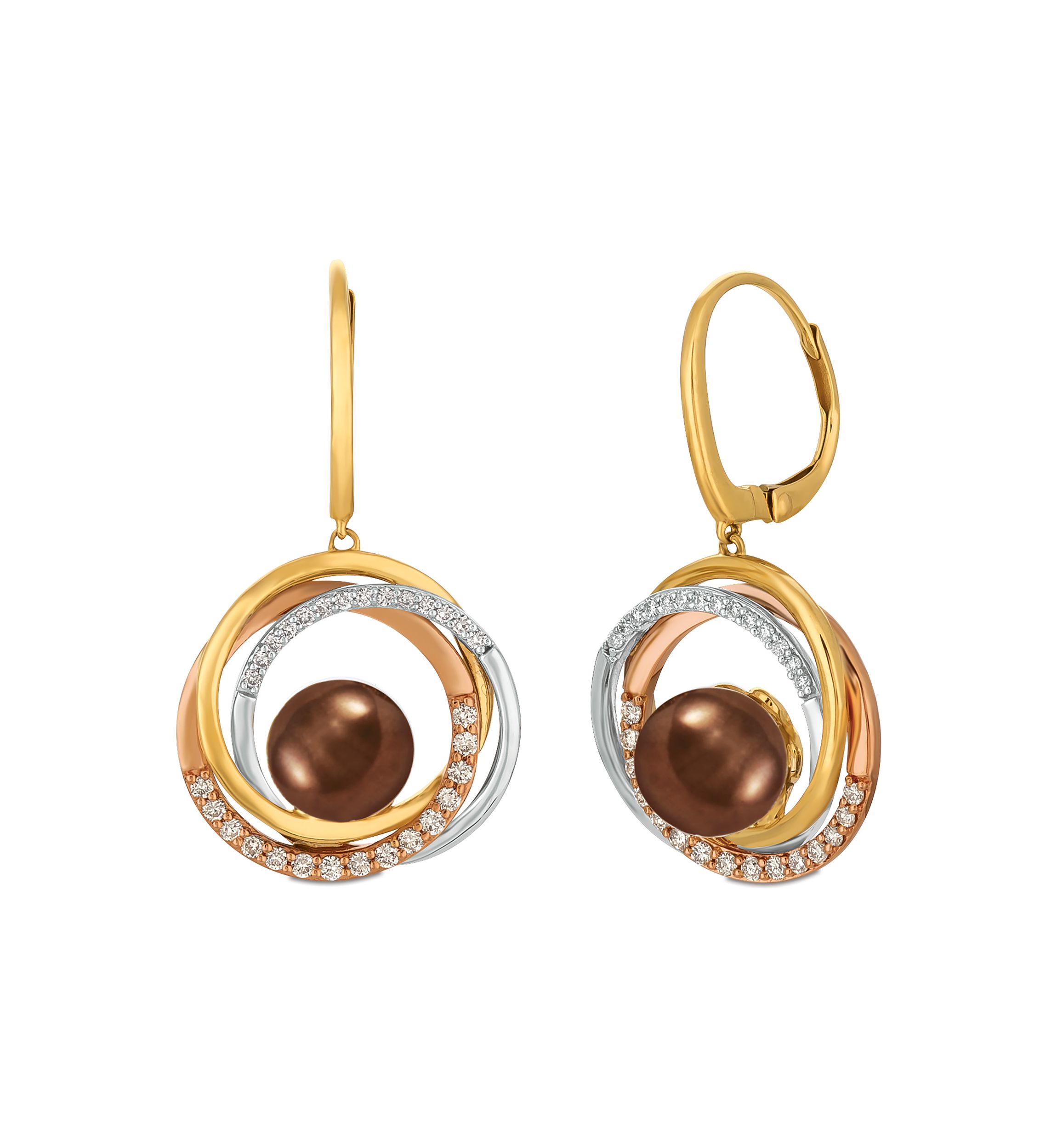 3/8 ct. t.w. Vanilla Diamond® and Chocolate Pearl® Earrings in 14K Tri-Tone Gold