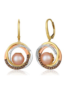 Strawberry Pearl™, 1/3 ct. t.w. Chocolate Diamond® and 1/8 ct. t.w. Vanilla Diamond® Earrings in 14K Honey Gold™, 14K Vanilla Gold®, and 14K Strawberry Gold®