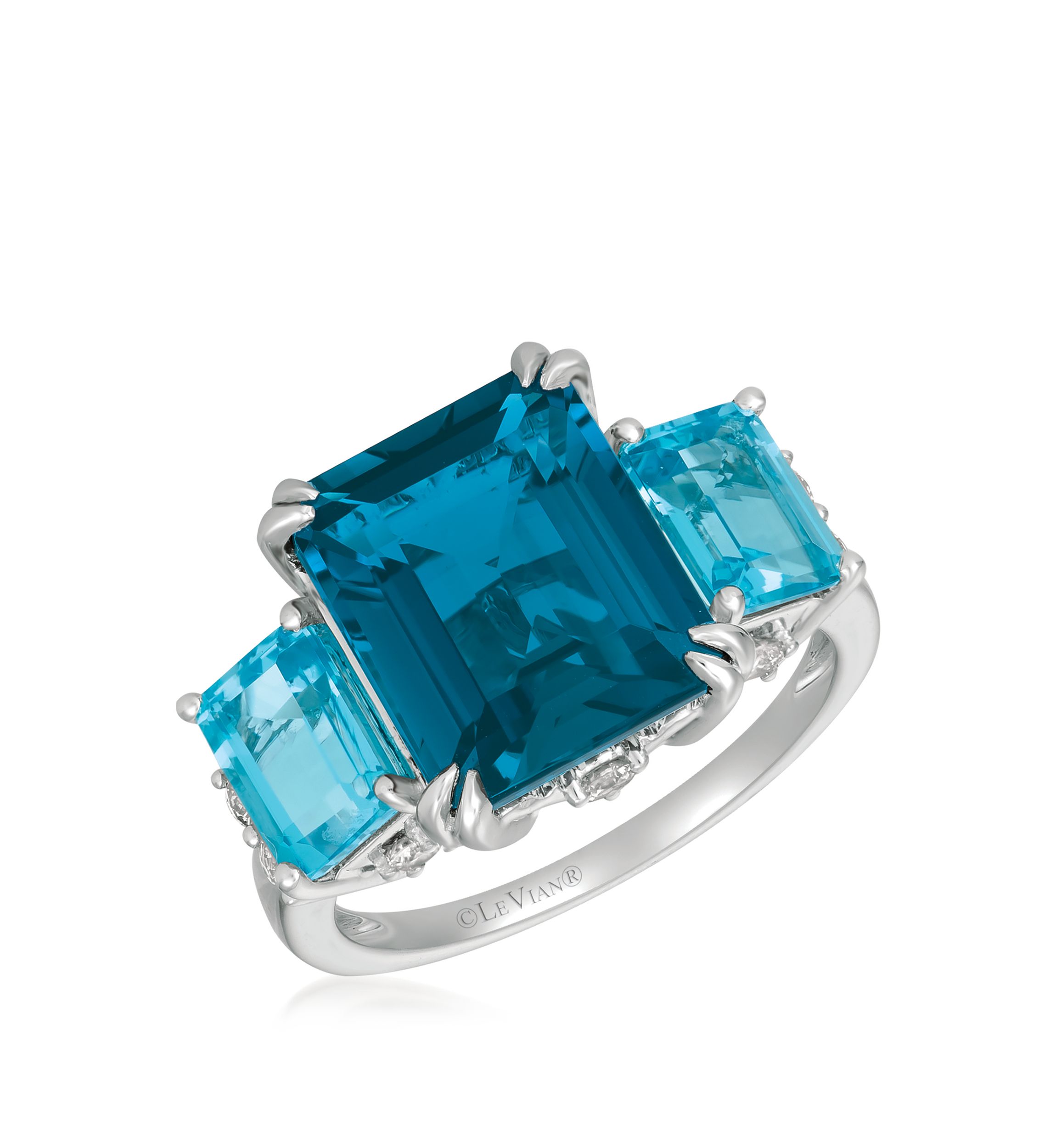 7 ct. t.w. Deep Sea Blue Topaz™, 2.5 ct. t.w. Ocean Blue Topaz™ and 1/3 ct. t.w. Nude Diamonds™ Three Stone Ring in 14k Vanilla Gold®