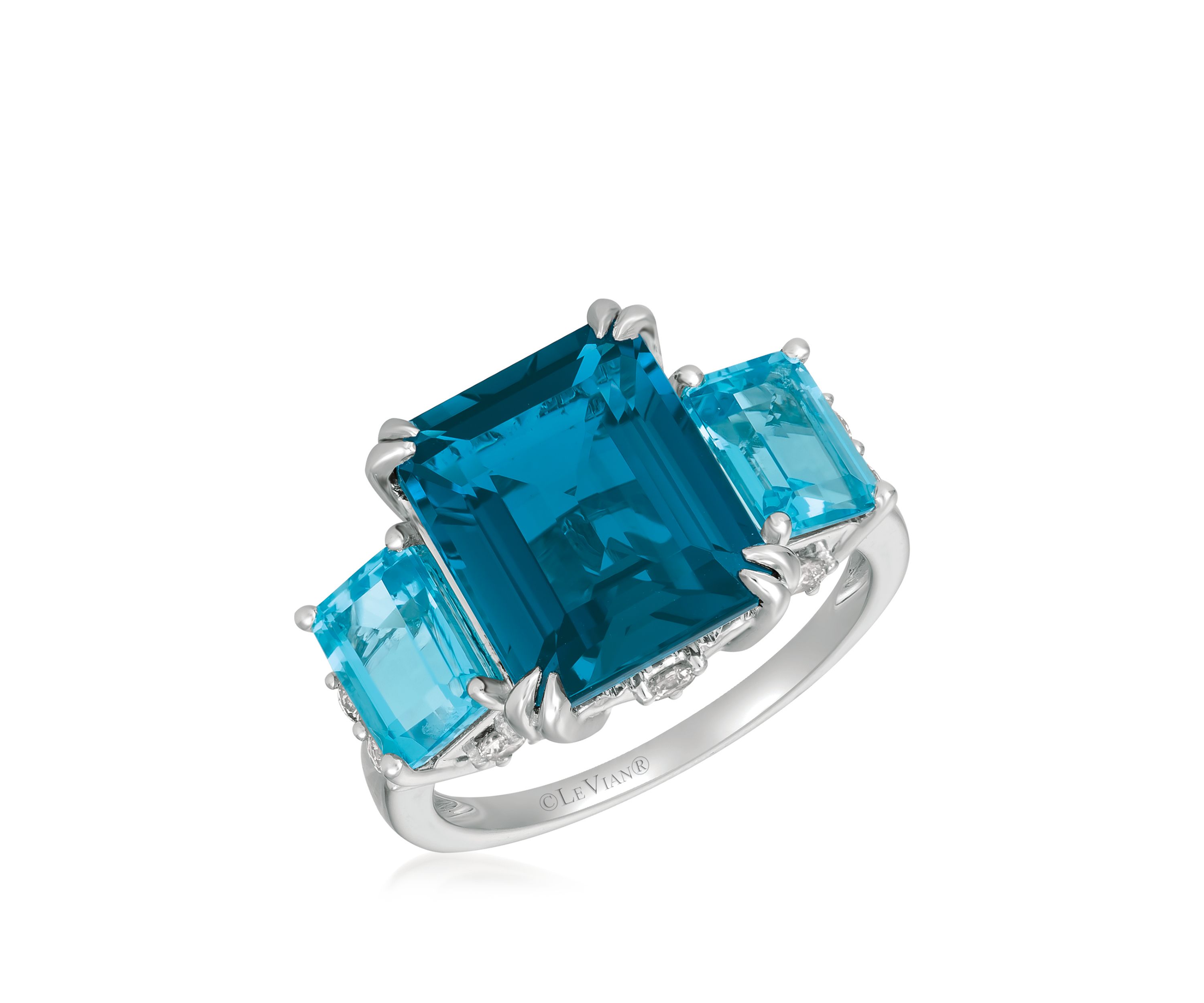 7 ct. t.w. Deep Sea Blue Topaz™, 2.5 ct. t.w. Ocean Blue Topaz™ and 1/3 ct. t.w. Nude Diamonds™ Three Stone Ring in 14k Vanilla Gold®