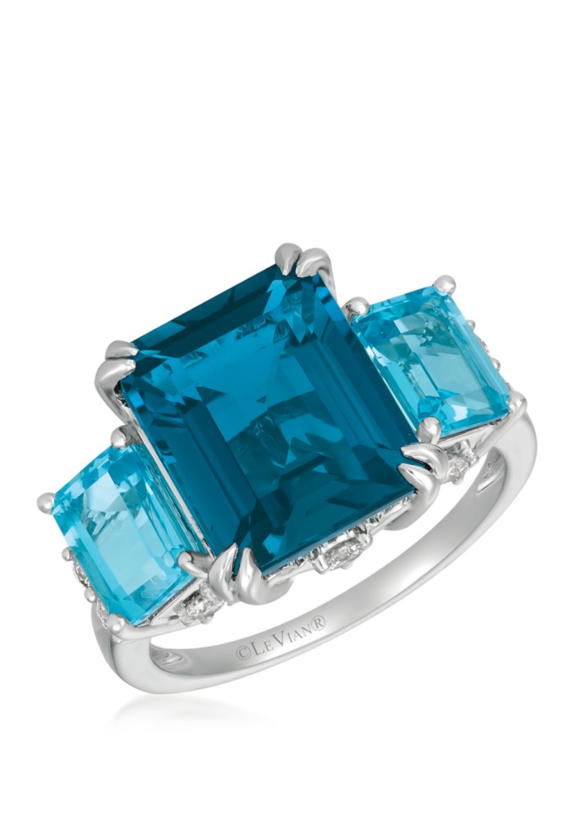 7 ct. t.w. Deep Sea Blue Topaz™, 2.5 ct. t.w. Ocean Blue Topaz™ and 1/3 ct. t.w. Nude Diamonds™ Three Stone Ring in 14k Vanilla Gold®