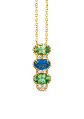  1/10 ct. t.w. Diamond, Sapphire, and Tsavorite Pendant Necklace in 14K Yellow Gold 