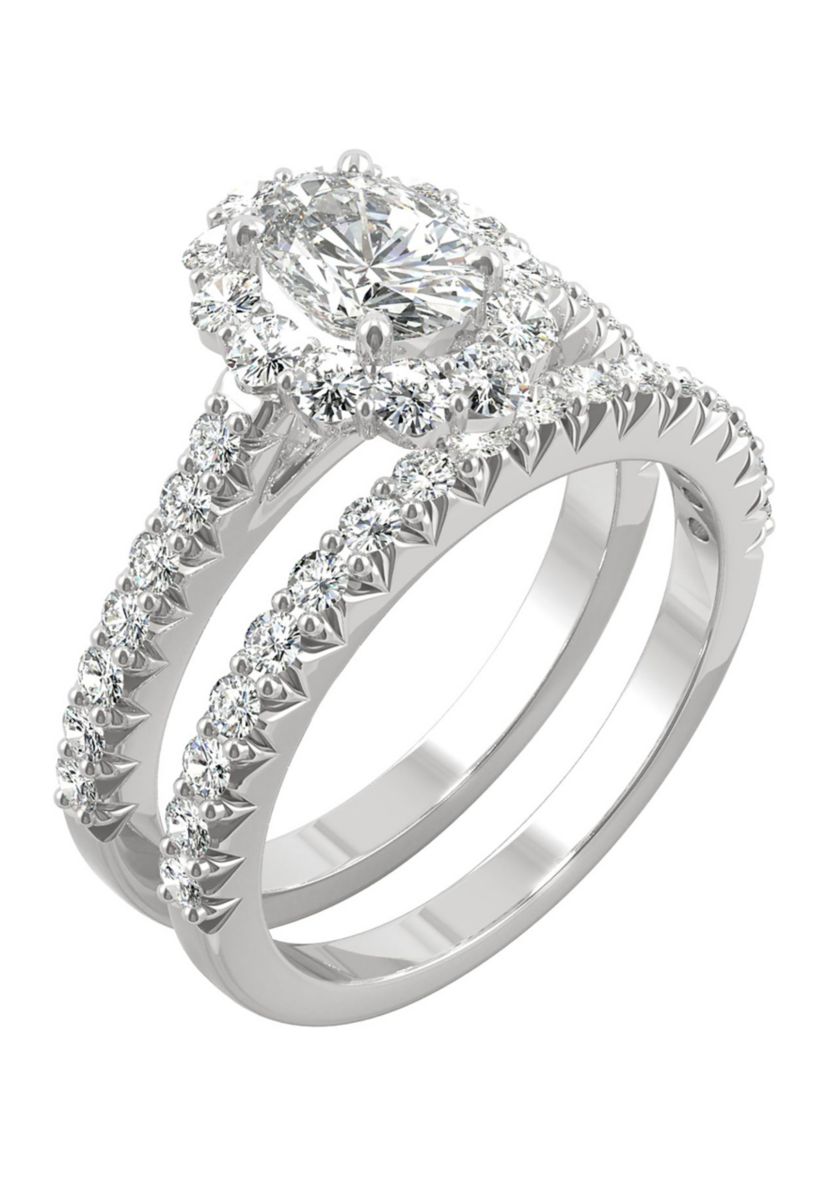 7/8 ct. t.w. Lab Created Moissanite Halo Bridal Set in 14k White Gold