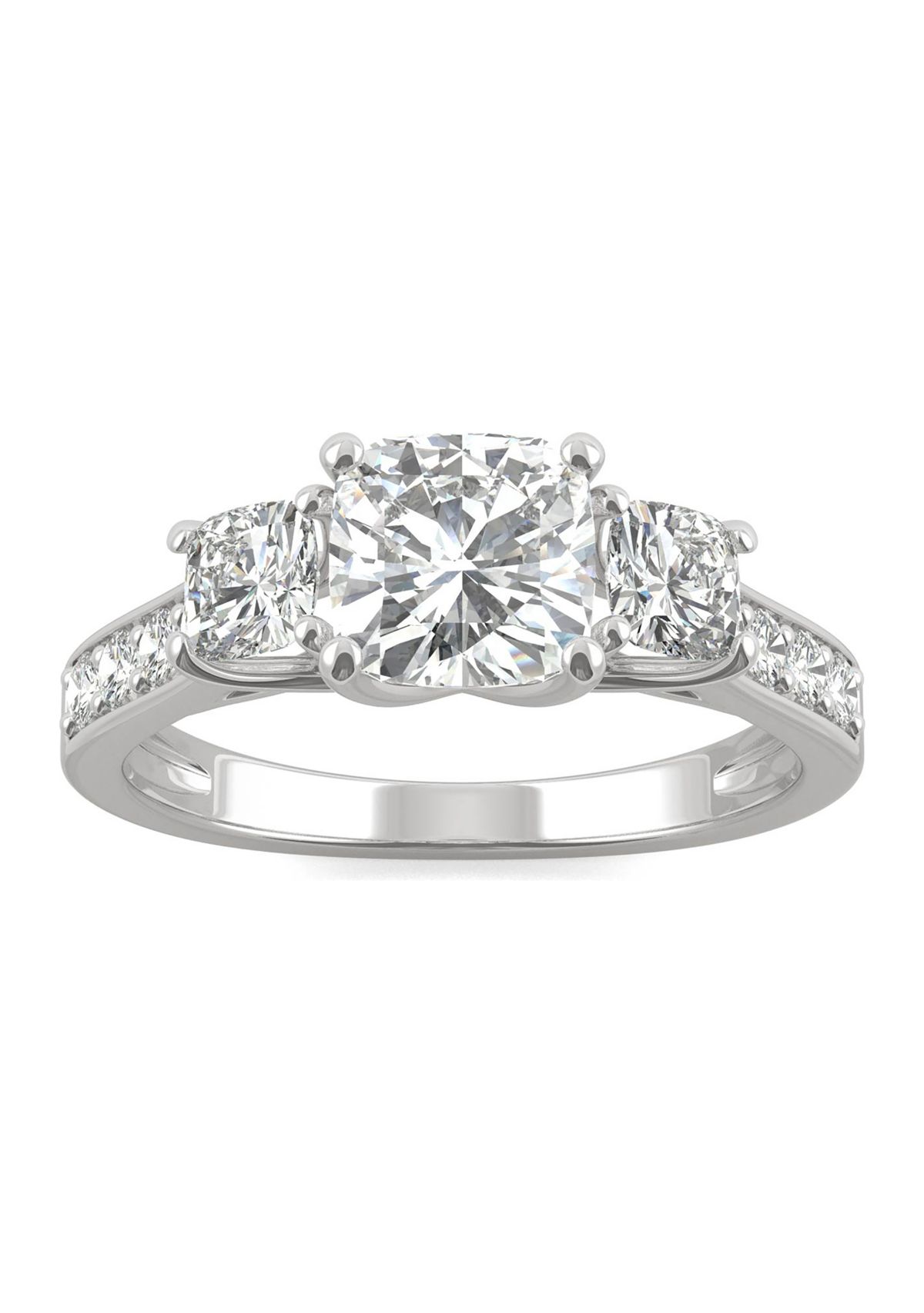 1/8 ct. t.w. Lab Created Moissanite Cushion Three Stone Ring in 14k White Gold