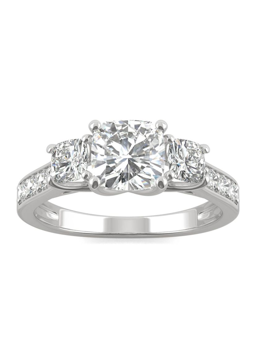 1/8 ct. t.w. Lab Created Moissanite Cushion Three Stone Ring in 14k White Gold