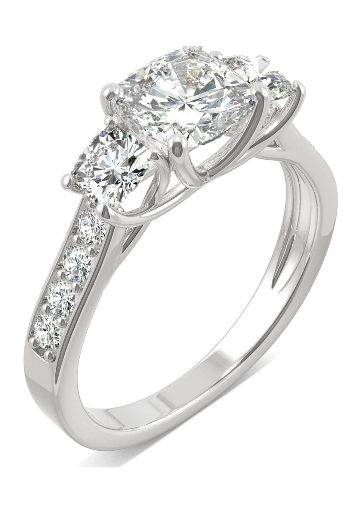1/8 ct. t.w. Lab Created Moissanite Cushion Three Stone Ring in 14k White Gold