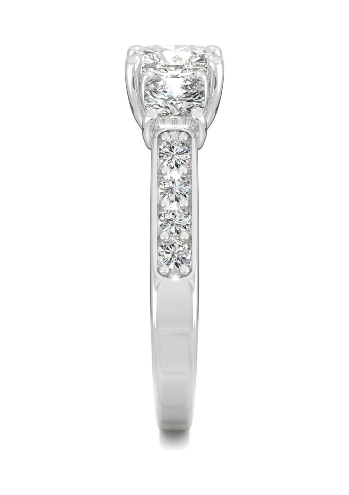 1/8 ct. t.w. Lab Created Moissanite Cushion Three Stone Ring in 14k White Gold