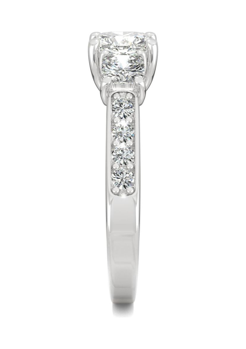 1/8 ct. t.w. Lab Created Moissanite Cushion Three Stone Ring in 14k White Gold