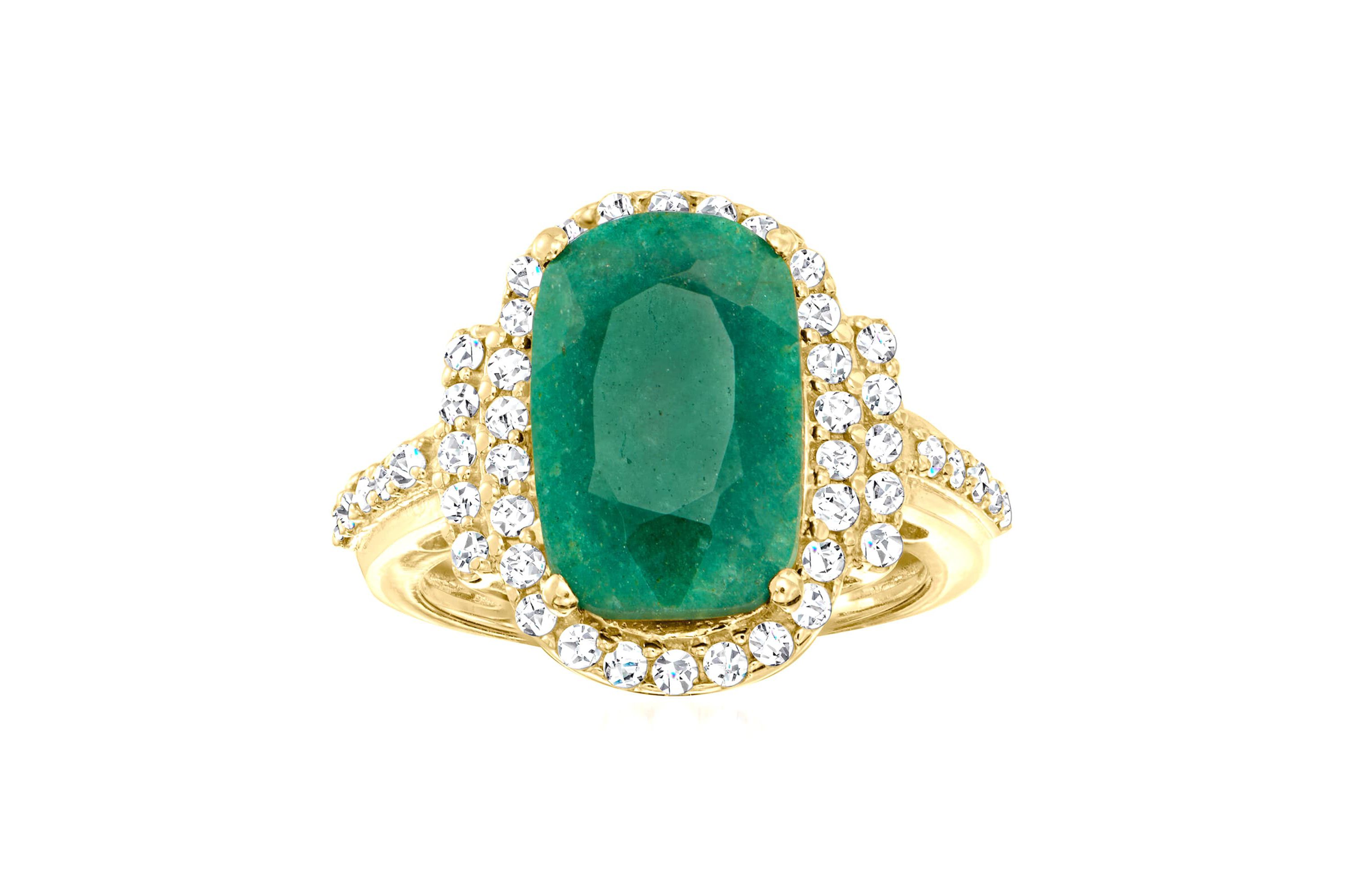 Lab Created 18K Gold Over Sterling Silver 7.50 ctw Emerald Ring with Diamond Accents