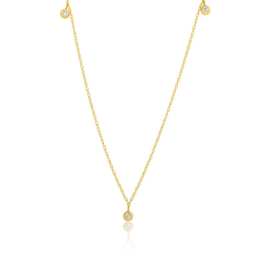 Lab Created 14k Yellow Gold 1.7mm Round Lab Grown Diamond 3 Stone Necklace with 16 inch cable chain and 2 inch extender
