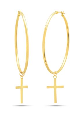 Nicole Miller 14K Yellow Gold 50 Millimeter Hoop With Holy Cross Charm Earrings