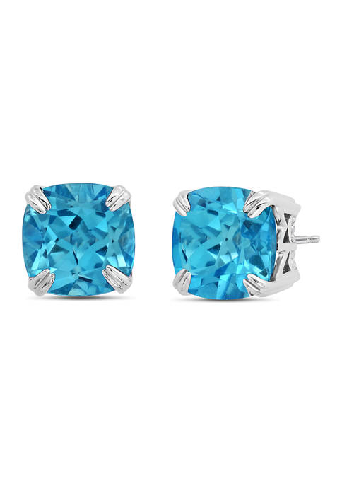 Sterling Silver 10 Millimeter 8 ct. t.w. Double Prong Classic Cushion -Cut Blue Topaz Stud Earrings