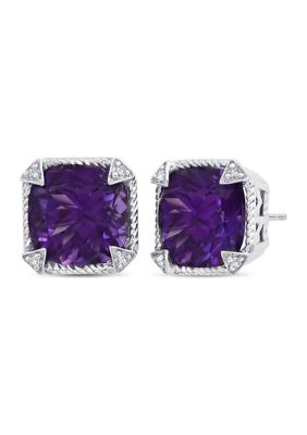 Nicole Miller Sterling Silver 10 Millimeter 7 Ct. T.w. Triangular Cz Prong With Roped Border Cushion-Cut Amethyst Stud Earrings
